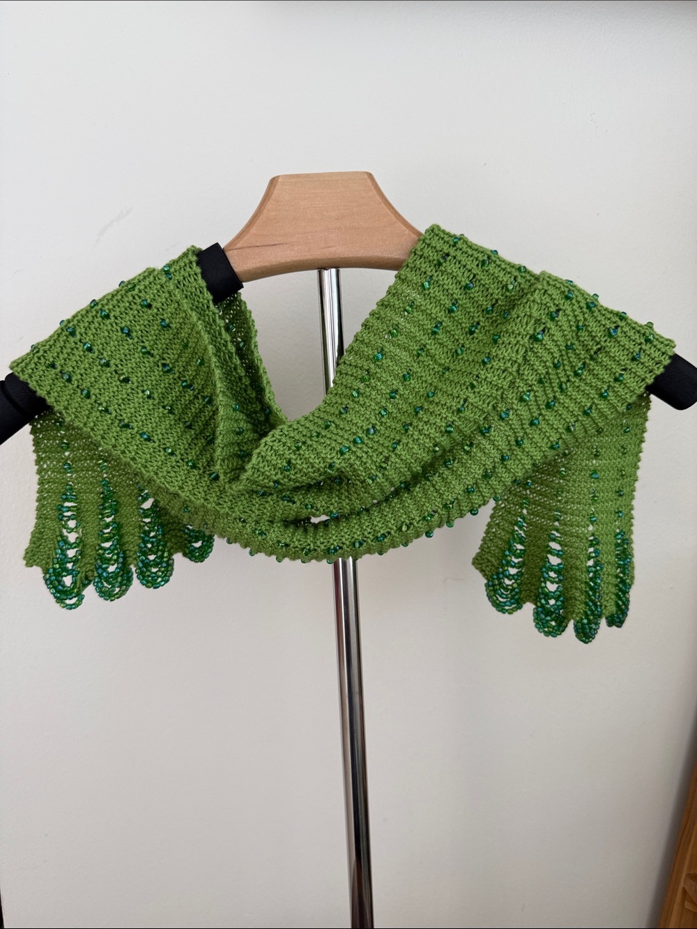 Hand Crafted Green Beaded Knit Scarf with Scalloped Fringe